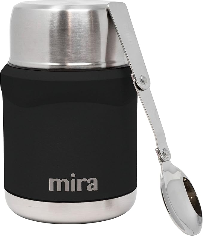 MIRA 15 oz Insulated Food Thermos for hot and cold foods - Leak-Proof Stainless Steel Container with Spoon - Black