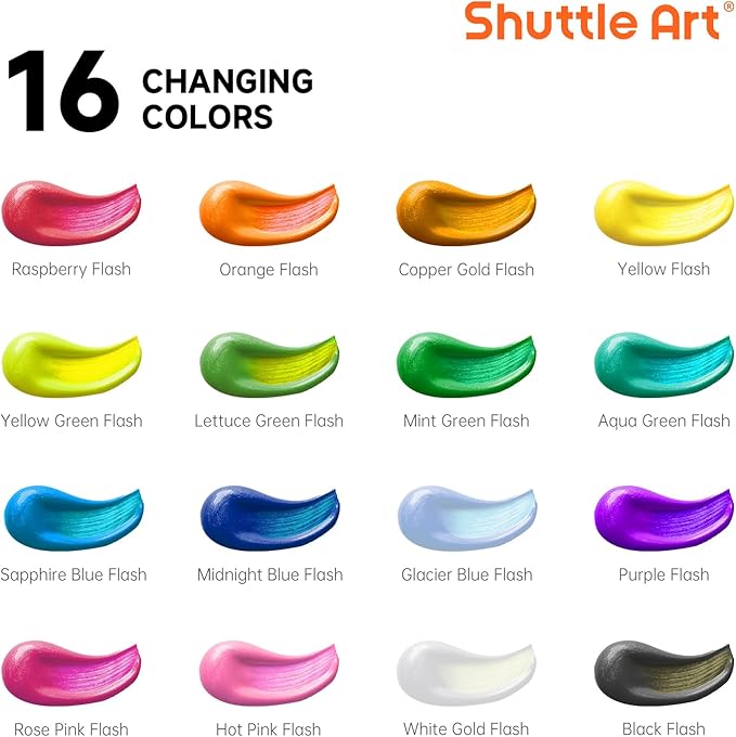 Shuttle Art Color Change Acrylic Paint Set, 16 Colors Chameleon Colors Acrylic Paint in Bottles (60ml/2oz), Non-Toxic for Artists, Beginners and Kids on Rocks, Crafts, Canvas, Wood, Fabric, Ceramic