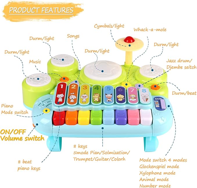 Baby Musical Toys 3 in 1 Piano Keyboard Xylophone Drum Set for 1 Year Old Girls Boys Toys Age 2 Music Instrument Learning Toys Toddlers 1-3 0-2 First Birthday Gift Infant Baby Toys 6 9 12 18 Month