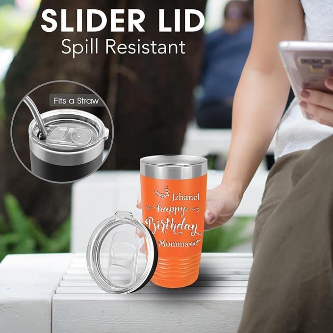 Personalized Gifts, Travel Coffee Mug, Engraved Tumbler with Names and Text, Personalized Cups Double Walled Insulated Coffee Cup for Travel, Work, Gym, Gift for Her, (Orange, 20oz)