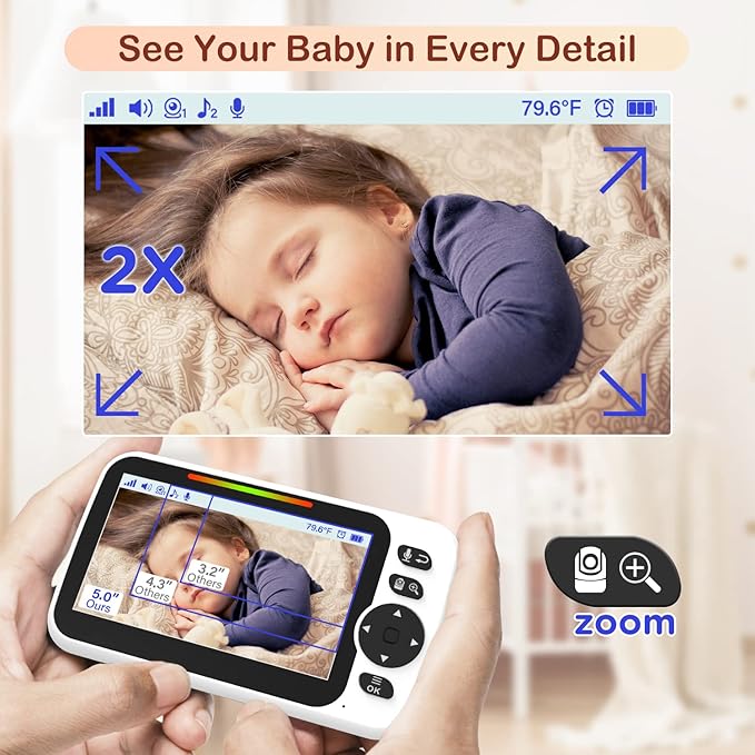 Baby Monitor with 30-Hour Battery, 5" Large Split-Screen Video Baby Monitor with Camera and Audio, 3500mAh Battery, Remote Pan/Tilt/Zoom Camera, Two-Way Talk, Night Vision, Lullabies, No WiFi