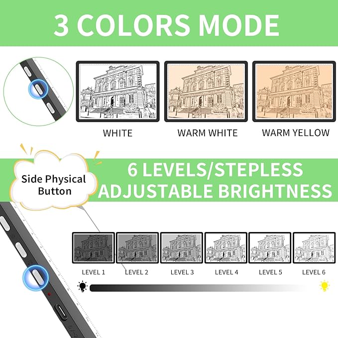 KOBAIBAN A4 Magnetic Light Box for Tracing, Rechargeable Diamond Art Light Board with Side Physical Buttons, 3 Color Light Modes Super Bright Light Pad Light Table for Drawing, Weeding Vinyl (Black)