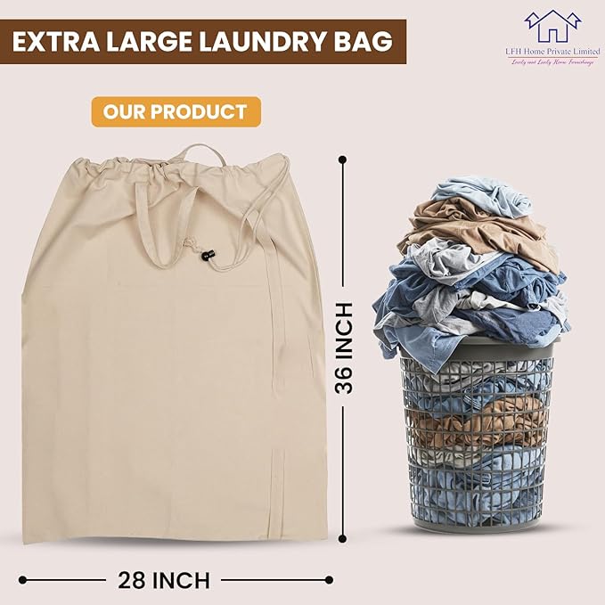 LFH Home Cotton Canvas Extra Large Laundry Bag with Handle, Heavy Duty Drawstring Closure Washable Laundry Bags School Travel, Home, Hotel, College Dorm, Organizer Sack, Toys Clothes 28x36-Natural