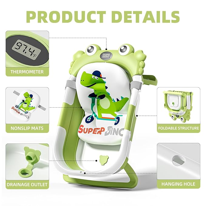 Collapsible Baby Bathtub for Newborns to Toddler with Real-time Temp Monitor & Floating Cushion,Portable Travel Tub for 0-36 Month, Foldable Baby Bath Tub for Infants(Green)