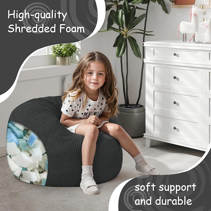 COMAX Bean Bag Chair for Kids 8-12, Toddler Beanbag Bed Corduroy, Convertible Child Bean Chair to Floor Mattress with Filler, Kid Reading Comfy Lounge Couch for Boys and Girls Bedroom, Dark Grey