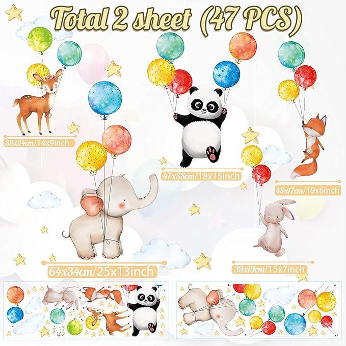 TOARTi Cartoon Animals Wall Stickers, Colorful Balloon Wall Decals, Watercolour Stickers for Baby Room, Adorable Animals Panda Elephant Fox Rabbit Stickers for Kids Bedroom Nursery Wall Decoration