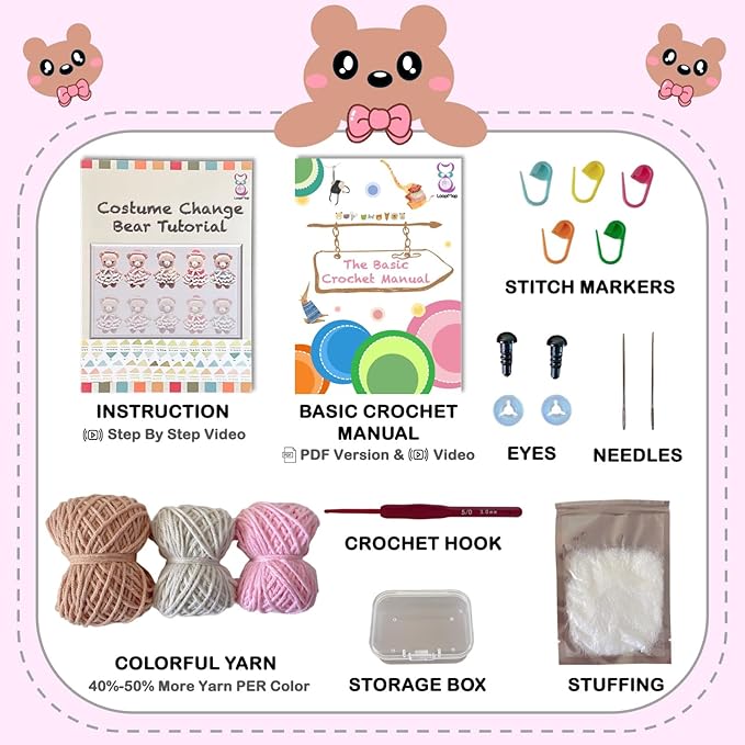 LoopMap Crochet Kit for Beginners - DIY Amigurumi Bear with Removable Dress & Accessories - Step-by-Step Video Tutorials, Extra Yarn, Crochet Tools, Handmade Gift for Kids & Adults (Bear K02, Pink)
