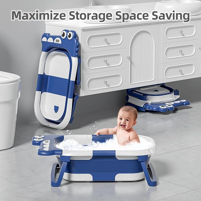 MoreFeel Collapsible Baby Bathtub for Newborn with Thermometer & 1 Hooded Towel & 1 Soft Floating Cushion,Portable Travel Bathtub with Drain Hole, Durable Foldable Baby Tubs for Infants to Toddler