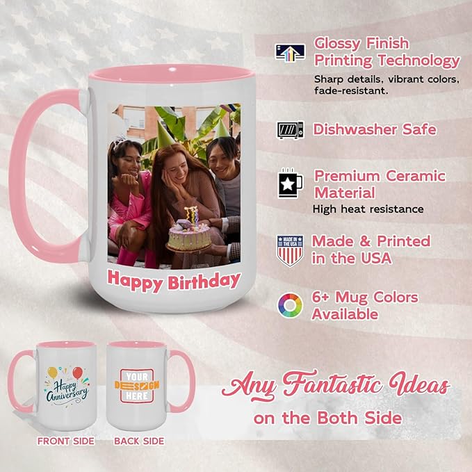 Ship Next Day Custom Mug Design Your Own Photo Text Personalized Picture Gifts for Women Men Customized Gift Idea Personalized Coffee Mugs 11oz Pink Handle