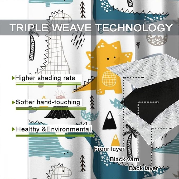 Kids Dinosaur Curtains for Boys Girls Bedroom Decor Cartoon Dino Colorful Cute Funny Wildlife Animal Printed Blackout Rod Pocket Window Drapes for Baby Nursery Playroom Living Room W36xL63in 2 Panels