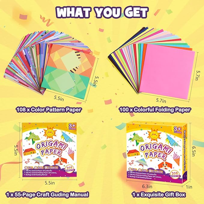 Pigipigi Kids Craft Origami Paper Kit for Kids Ages 5-8 8-12, with Guiding Book, 208 Sheets DIY Art and Crafts Supplies, Colorful Folding Papers Set Projects Gifts Activity for Boy Girl Toys(Cartoon)