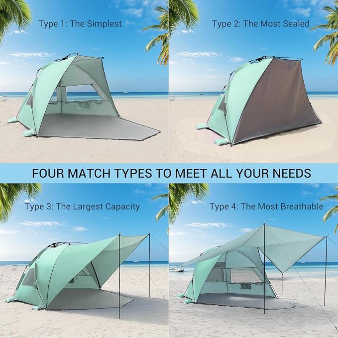 Elegear Beach Tent with Canopy, 1-Second Setup Pop Up Sun Shelter Shade, UPF 50+ UV Protection Silver-Coated Lightweight Portable Beach Cabana