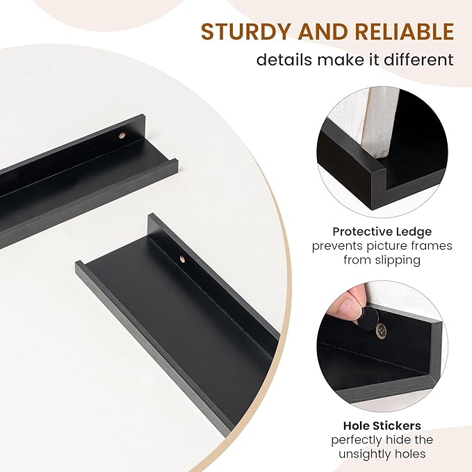 Axeman Picture Ledge Shelf, Floating Shelves for Wall Decor Storage Set of 6, 48 inch Floating Wall Mounted Shelves, Wall Shelves with Lip for Living Room, Bedroom, Nursery, Bathroom, Kitchen, Black