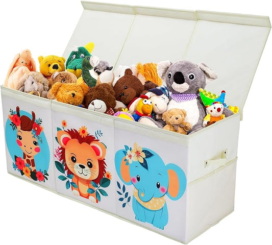 Toy Box Chest for Kids, Collapsible Oxford Toy Storage Box with Handles Mesh Pockets, Extra Large Sturdy Waterproof Organiser for Bedroom Playroom, 37.7×12.5×15.7 Inch (Cute Animal)