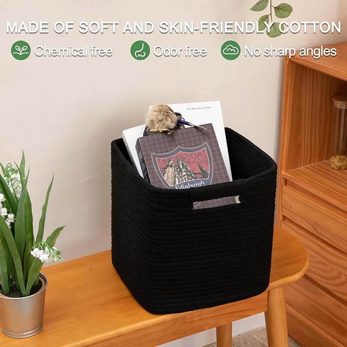 OIAHOMY Storage Cubes 11 Inch Storage Bins-3-Pack, Cotton Rope Woven Baskets for Organizing, Square Storage Baskets for Shelves Organizer, Classroom, Kids Toy Bins, Closet, Baby Nursery-Black