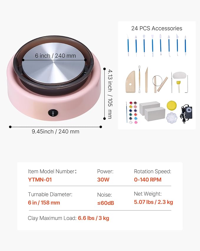 VEVOR Mini Pottery Wheel, 6 inch Turntable, Forward and Reverse Rotation, Adjustable Speed, Electric Clay Wheel for Kids and Beginners, with Shaping Tools, for Home DIY, Pottery Classes, Pink