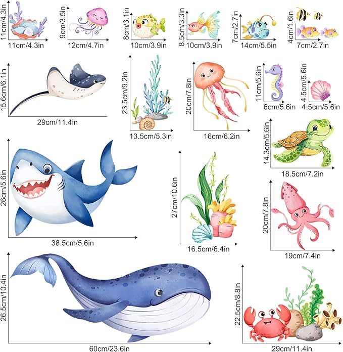 Supzone Under The Sea Wall Decals Ocean Whale Shark Turtle Seaweed Wall Stickers for Kids Toddlers Bedroom Living Room Baby Nursery Wall Decor