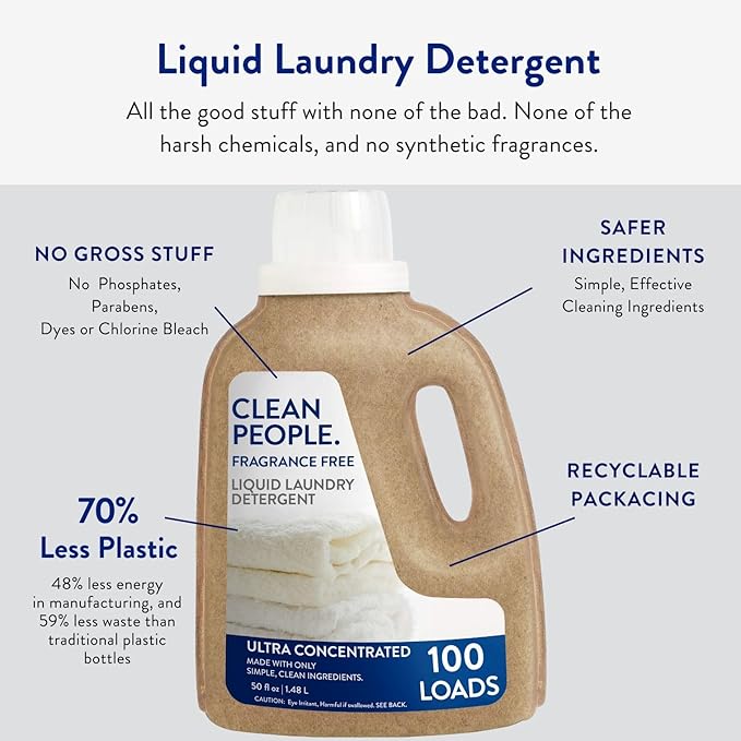 The Clean People Liquid Laundry Detergent - Recyclable Packaging, Stain Fighting - Ultra Concentrated, Laundry Soap - Fragrance Free, 50 fl oz (2 Pack)