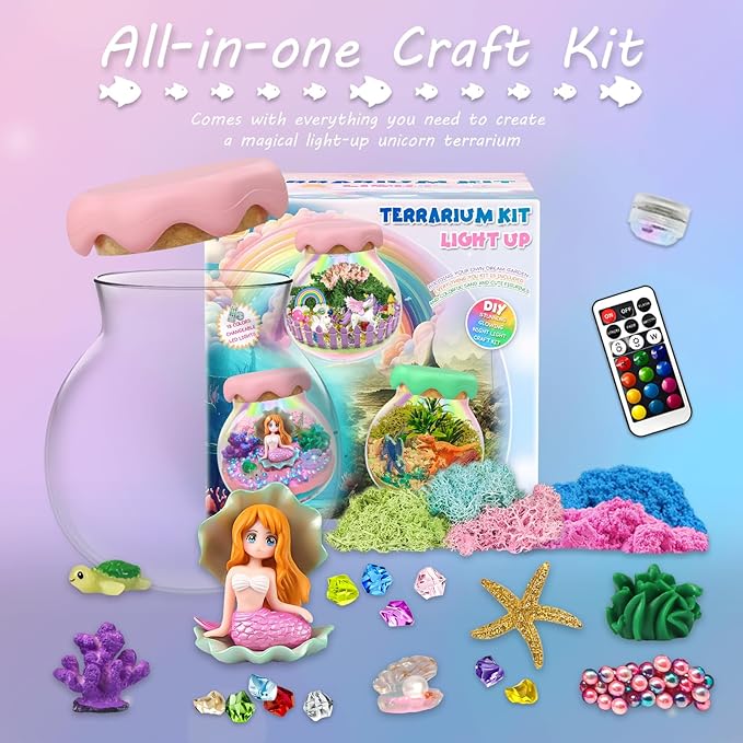 Mermaid Gift for Girls Mermaid Terrarium Kit for Kids Birthday Gift for Girls Ages 4 5 6 7 8-12 Year Old Light-Up Kit Crafts DIY Arts Toys Mermaid Toys for Girls Birthday Ideas Present for Kids