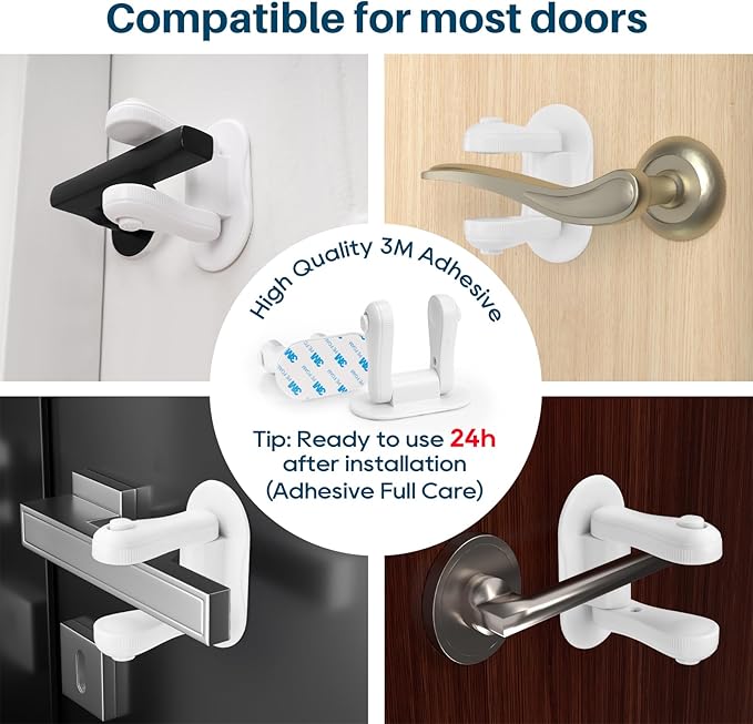 Inaya Door Lever Lock (4 Pack) – Child Proof Handle Locks, 3M Adhesive & Easy Installation for Home, Baby-Proof Locks for Kids Safety, Compatible with standard doors