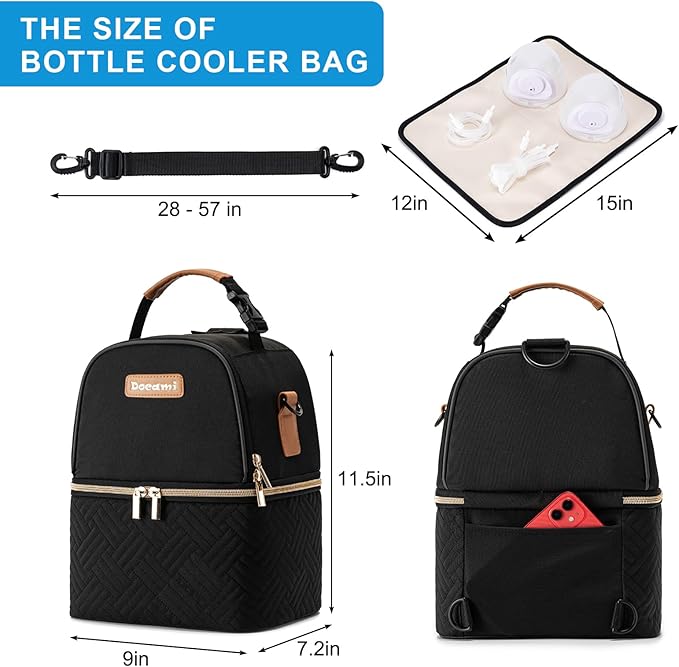 Breastmilk Cooler Bag with Ice Pack & Mat Fit 6 Bottles Up to 9 Ounce, Baby Bottle Cooler Bag for Moms, Daycare & Travel, Black