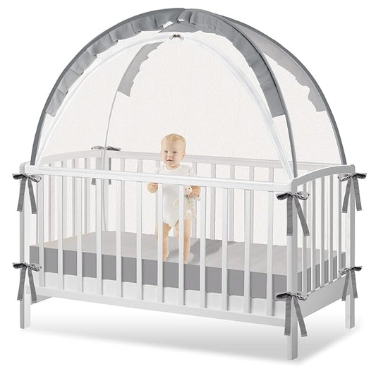 Crib Tent to Keep Baby from Climbing Out - Crib Net to Keep Baby in - Pop Up Breathable Cribs Cover - Canopy with Upgrade Strong Mesh and Durable Zipper (Grey, Lager)