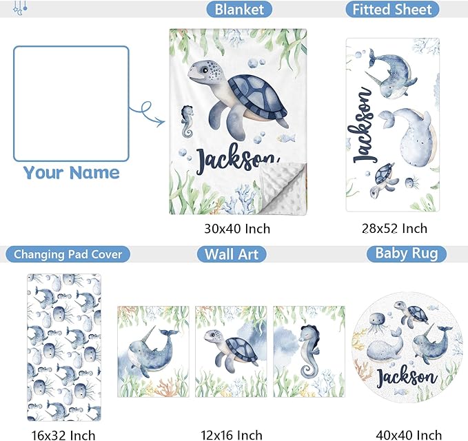 Personalized Baby Crib Bedding Set, 5 Pcs Custom Name Baby Bedding Set, Double Layer Nursery Bedding Set, Ocean Animal Baby Crib Set for Girls Boys, Gift for Toddler Infant Baby New Parents