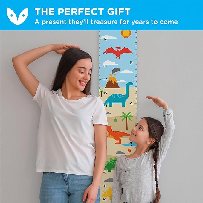 WISE OWL Personalized Growth Chart for Kids - Height Wall Chart for Boys with Peel & Stick Letters for Name - Hanging Canvas Wall Measurement Height Tracker for Baby Gift (Dinosaurs)