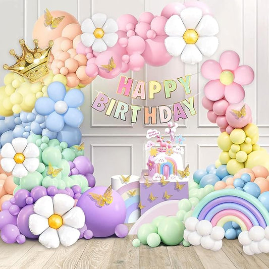 219Pcs Daisy Balloon Arch Garland Kit - Pastel Rainbow Balloons Arch Kit with Daisy Balloons,Banner,Cake Toppers,12 3D Butterfly, for Birthday Party, Baby Shower, Flower Themed Party Decorations