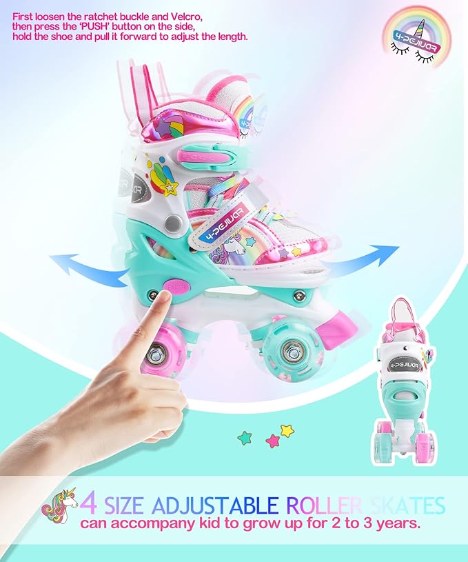 4-Pejiijar Rainbow Unicorn Kids Roller Skates for Girls Toddler Ages 2-4 5-8 8-12,Adjustable Roller Shoes with Luminous Wheels for Birthday Xmas Gifts