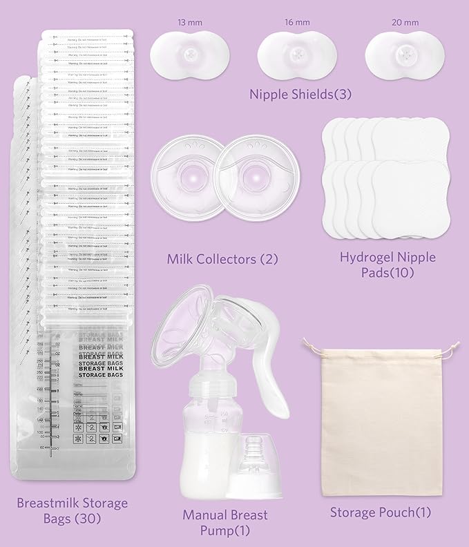 Breastfeeding Essentials Kit for Nursing Moms - Manual Breast Pump, Nipple Shields, Milk Collectors, Breastmilk Storage Bags, Soothing Gel Pads for Breastfeeding Newborn Relief for Sore Nipples 37 Pcs