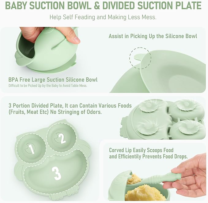 Baby Weaning Set, Silicone Feeding Set(10 Pcs), Toddler Set with Adjustable Bib, Suction Bowl, Plate, Fork, Spoon, Water & Snack Cup Kit, Led Kit for Babies, and Kids Green GJTZ-04