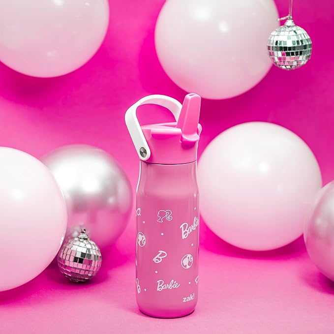 Zak Designs Barbie Harmony Water Bottle for Travel or At Home, 20oz Stainless Steel is Leak-Proof When Closed and Vacuum Insulated with Straw Lid and Carry Handle (Pink)