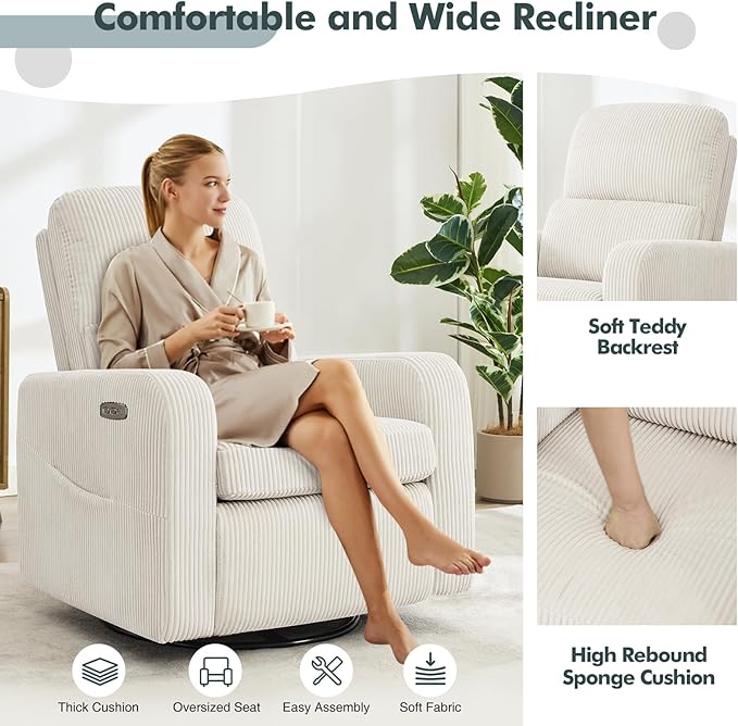 Swivel Rocker Recliner, Oversized Power Recliner Glider with Removable Cushion, Upholstered Swivel Reclining Nursery Chairs for Living Room Bedroom, Corduroy White