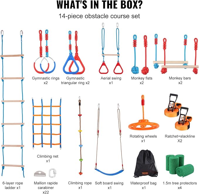 VEVOR Ninja Warrior Obstacle Course for Kids, 2 x 60 ft Weatherproof Slacklines, 500lbs Weight Capacity Monkey Line, Outdoor Playset Equipment, Backyard Toys Training Equipment Set with 14 Obstacles