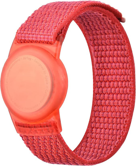 Kids Wristband Compatible with Apple AirTag, Protective Case for Air Tag GPS Tracker Holder with Nylon Bracelet, Adjustable Anti Lost Watch Band for Toddler Child Elder(Red)