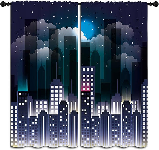 Superhero Rod Pocket Blackout Curtains for Boy Girl Bedroom, Violet Night Sky Buildings Cityscape Thermal Insulated Home Window Drapes for Living Room Darkening, 55x63 inch