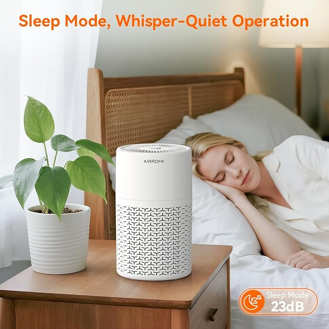 AIRROMI Pets Air Purifier for Home Allergies,Up to 660 ft².Yellow Deodorizing Activated Carbon Filter,With Fragrance Sponge for Better Sleep,Night Light,Pet Dander,Smoke,Odors,Air Cleaner A2002 White