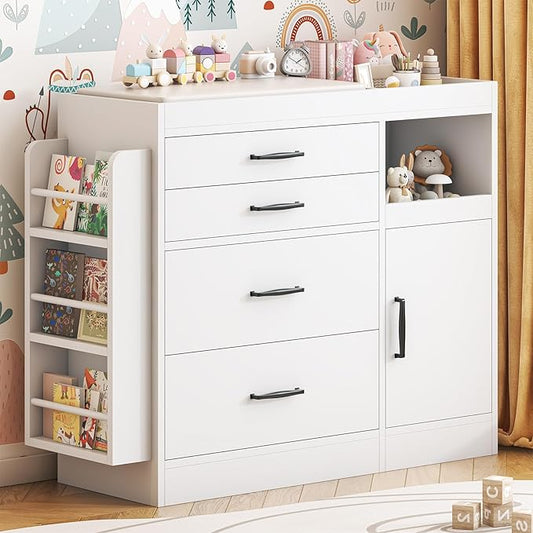 Bigbiglife Changing Table Dresser, Baby Nursery Dresser with 4 Drawers & 1 Cabinet & 3 Open Shelves Storage, Modern Diaper Changing Station for Children's Room, Changing Pad Included, White