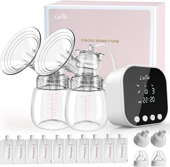 Lulia Double Electric Breast Pump, Breastfeeding Pump 4 Modes & 9 Levels, Low Noise, Anti-Backflow & LED Display, BPA Free, Portable Breast Pumps with 10 Breastmilk Storage Bags and 24mm Flange