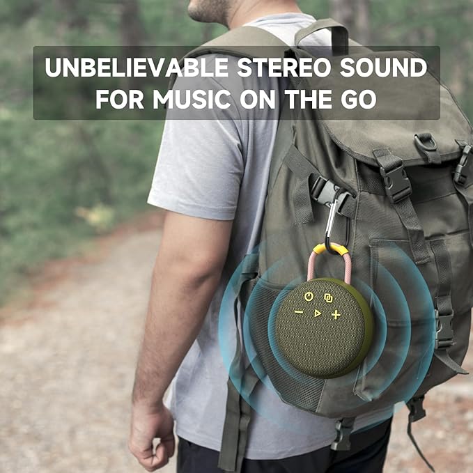 MusiBaby Rugged Mini Clip-On Speaker – BT 5.3, Waterproof Build, Shock-Resistant Rubber Shell, Great for Camping Packs, College Study Corners, or Travel Bags (Green)