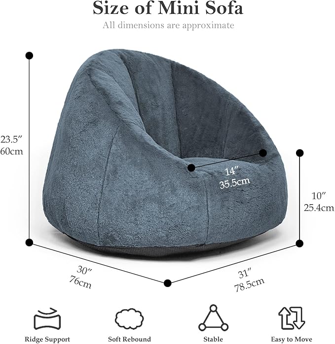 N&V Small Bean Bag Chair for Kids, Children Mini Bean Bag Sack, Foam Filling, Includes Removable and Machine Washable Cover, 27in, Soft Faux Fur (Blue)