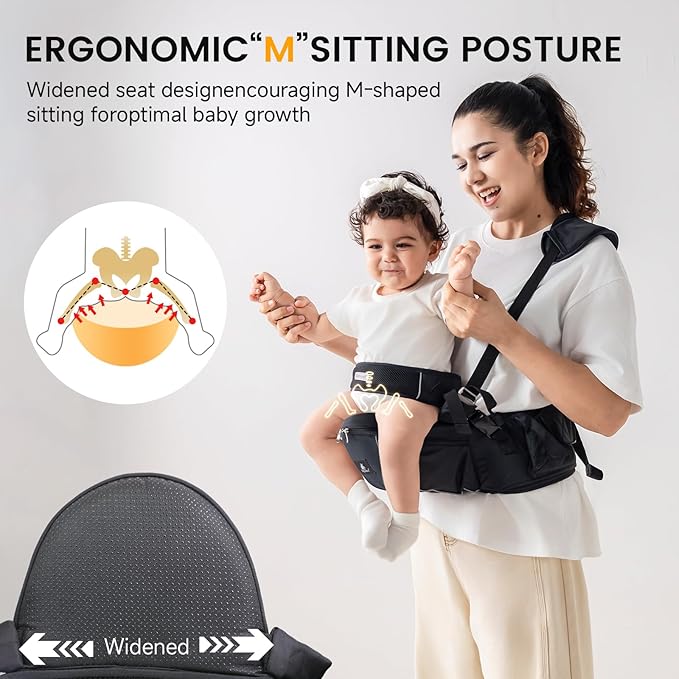 Ergonomic Baby Hip Carrier-Baby Waist Stool with Adjustable Strap and Chest Harness Huge Storage Enhanced Lumbar, Carrier for Newborn to Toddler Black