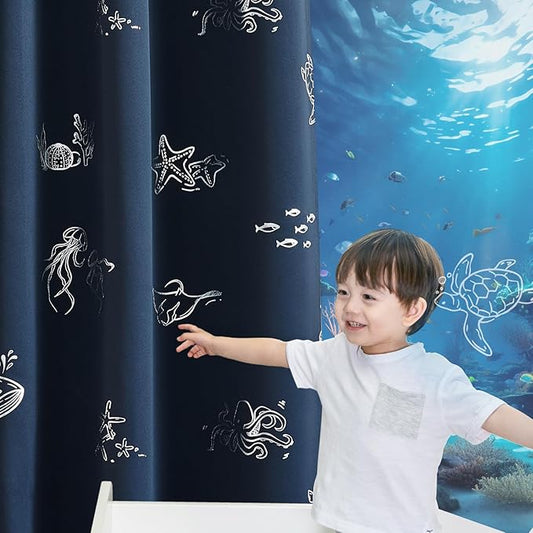 Vangao Kids Curtains for Boys Bedroom Kids Blackout Curtains 96 Inch Length Ocean Aquarium Nursery Drapes for Girls Bedroom Silver Sea Animals Print Thermal Insulated Drapes, Navy Blue 2 Panels