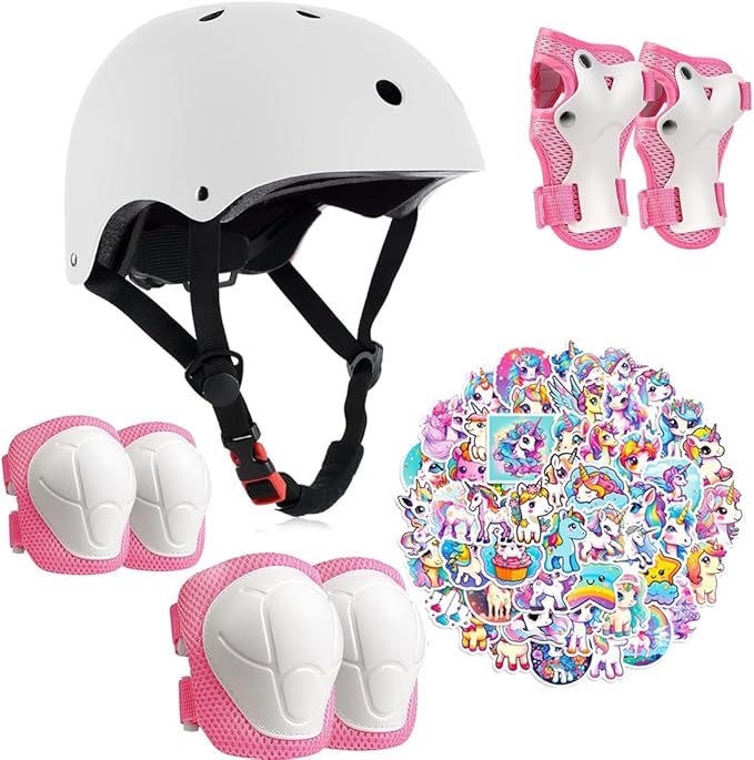 Kids Bike Helmet with Knee Elbow Wrist Pads Guards,Pink,for Ages 2-3-5-8-14,Sports Bicycle,Skate Scooter,Rollerblading with Unicorn Sticker