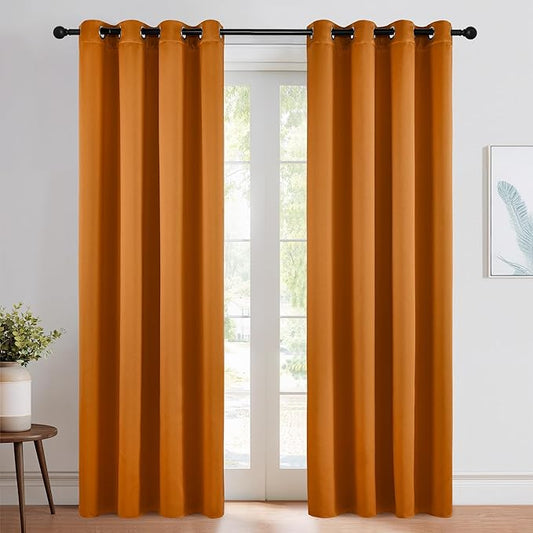 NICETOWN Orange Curtains 84 inch Length 2 Panels, Grommet Faux Silk Thermal Drapes Light Reducing Energy Saving Privacy Window Treatments for Living Room, W52 x L84