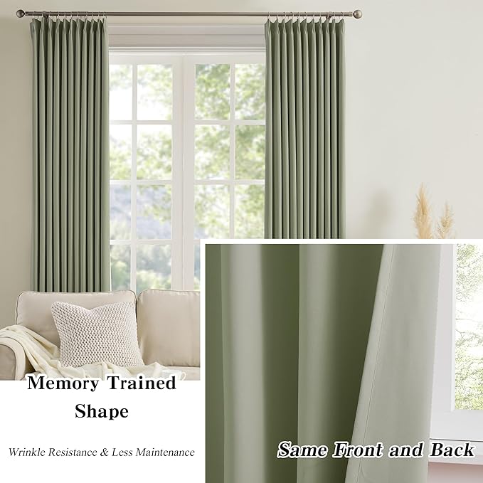Sage Green Pinch Pleat Curtains 72 Inches Long Thermal Insulated Dark Black Out Short Drapery for Bedroom Light Blocking Window Covering Room Darkening Drapes for Living Room 40x72 2 Pieces