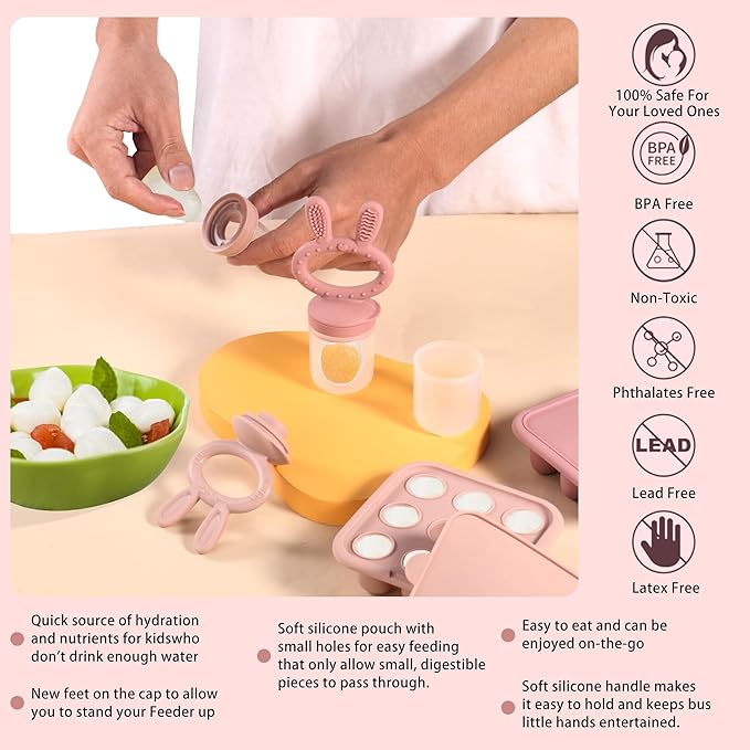 WAJIAYON Baby Breastmilk Popsicle Molds & Baby Fruit Feeder (3 Pack), Baby Food Freezer Tray Storage Containers, Silicone Teething Pacifier Feeder and Teether for Babies,Baby Feeder-Pink