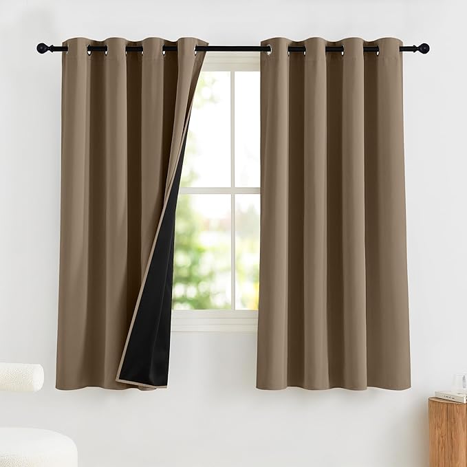 NICETOWN 100% Blackout Curtains for Bedroom, Thermal Insulated Window Drapes Room Darkening Cafe Curtains for Living Room with Grommet Top, 52 x 63 Inch Long, 2 Panels, Khaki