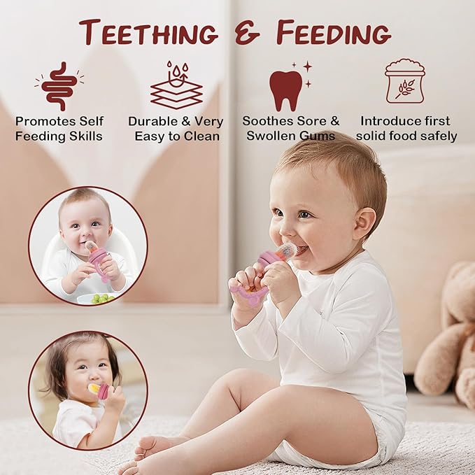 WAJIAYON Baby Breastmilk Popsicle Molds & Baby Fruit Feeder (4 Pack), Infant Food Freezer Tray Storage Containers, Silicone Teething Pacifier Feeder and Teether for Babies,Moss and Fawn Feeder(Pink)